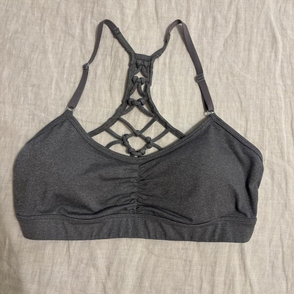 Prana Gray Macrame Lattice Racerback Sports Bra Ruched Front Yoga Top